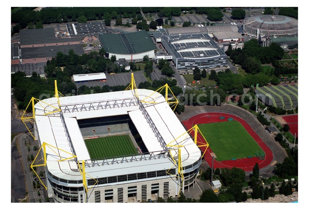 Dortmund from above - Sports facility grounds of the Arena stadium Signal Iduna Park - formerly Westfalenstadion in Dortmund in the state North Rhine-Westphalia