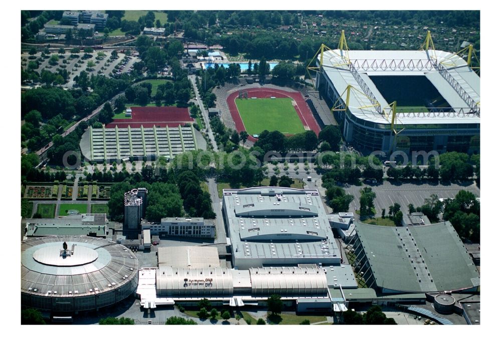 Dortmund from the bird's eye view: Sports facility grounds of the Arena stadium Signal Iduna Park - formerly Westfalenstadion in Dortmund in the state North Rhine-Westphalia