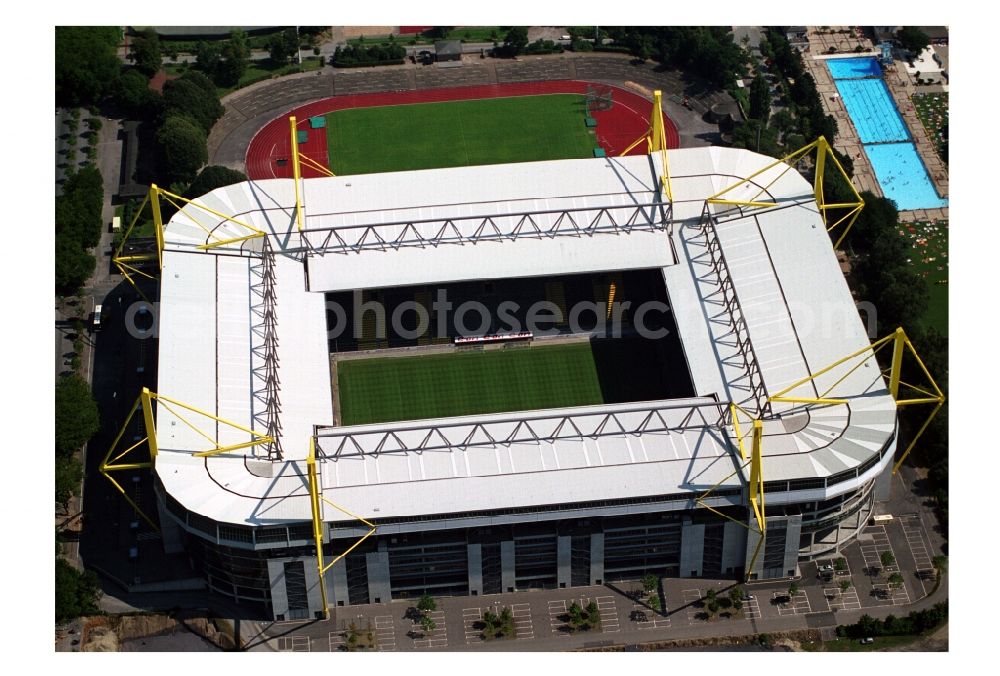 Dortmund from above - Sports facility grounds of the Arena stadium Signal Iduna Park - formerly Westfalenstadion in Dortmund in the state North Rhine-Westphalia