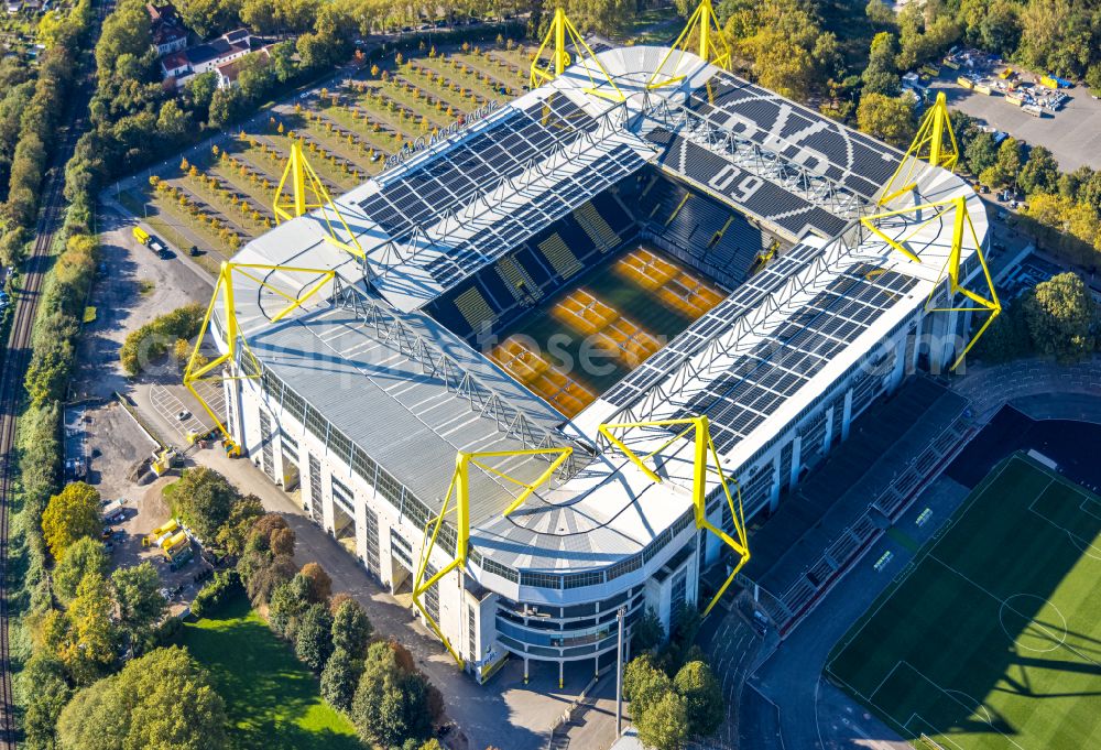 Dortmund from the bird's eye view: sports facility grounds of the Arena stadium in Dortmund in the state North Rhine-Westphalia