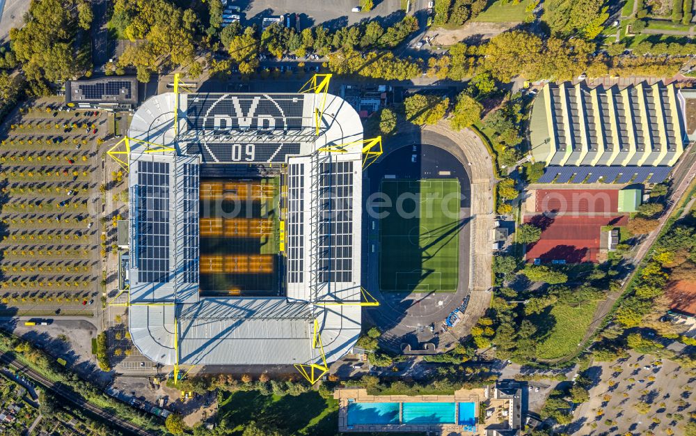 Dortmund from above - sports facility grounds of the Arena stadium in Dortmund in the state North Rhine-Westphalia