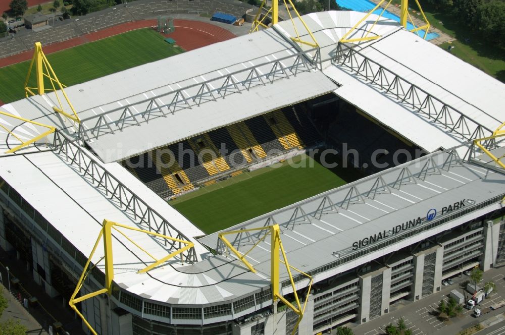 Aerial photograph Dortmund - Sports facility grounds of the Arena stadium in Dortmund in the state North Rhine-Westphalia