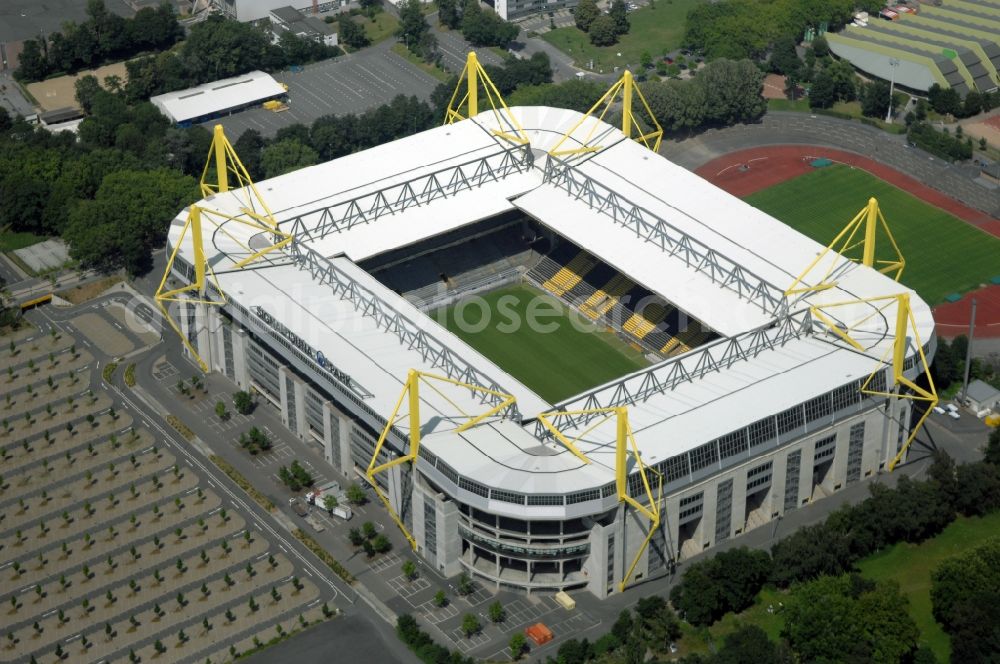 Dortmund from above - Sports facility grounds of the Arena stadium in Dortmund in the state North Rhine-Westphalia