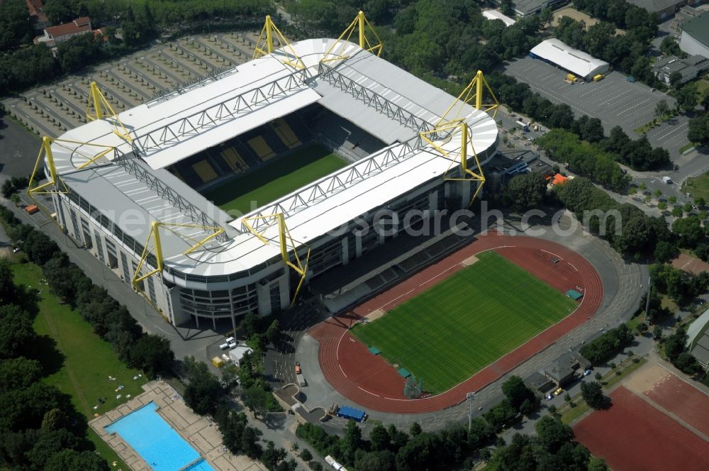 Dortmund from above - Sports facility grounds of the Arena stadium in Dortmund in the state North Rhine-Westphalia