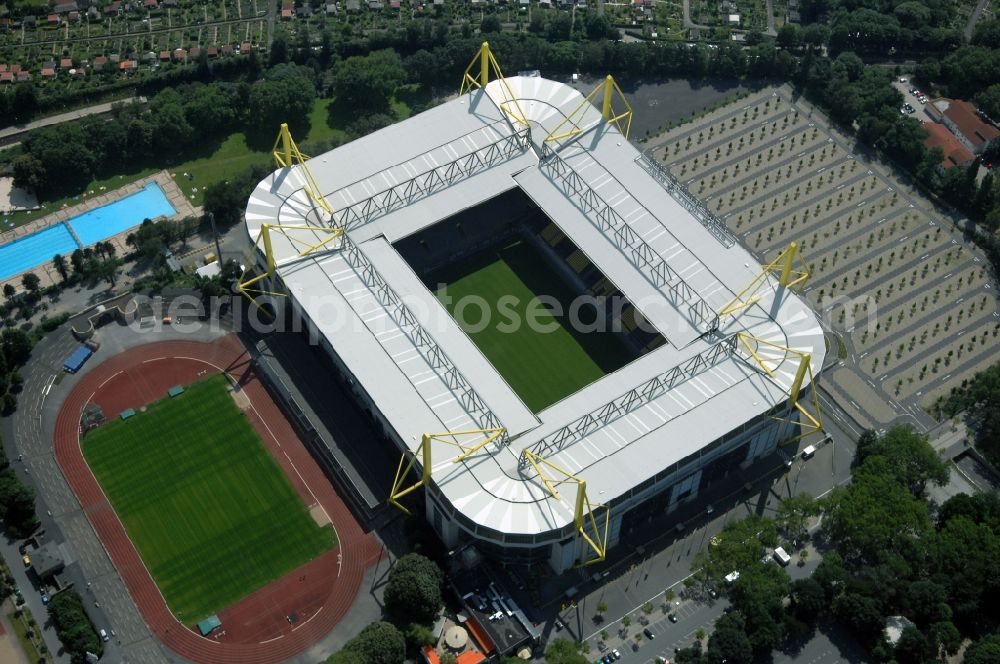 Dortmund from above - Sports facility grounds of the Arena stadium in Dortmund in the state North Rhine-Westphalia