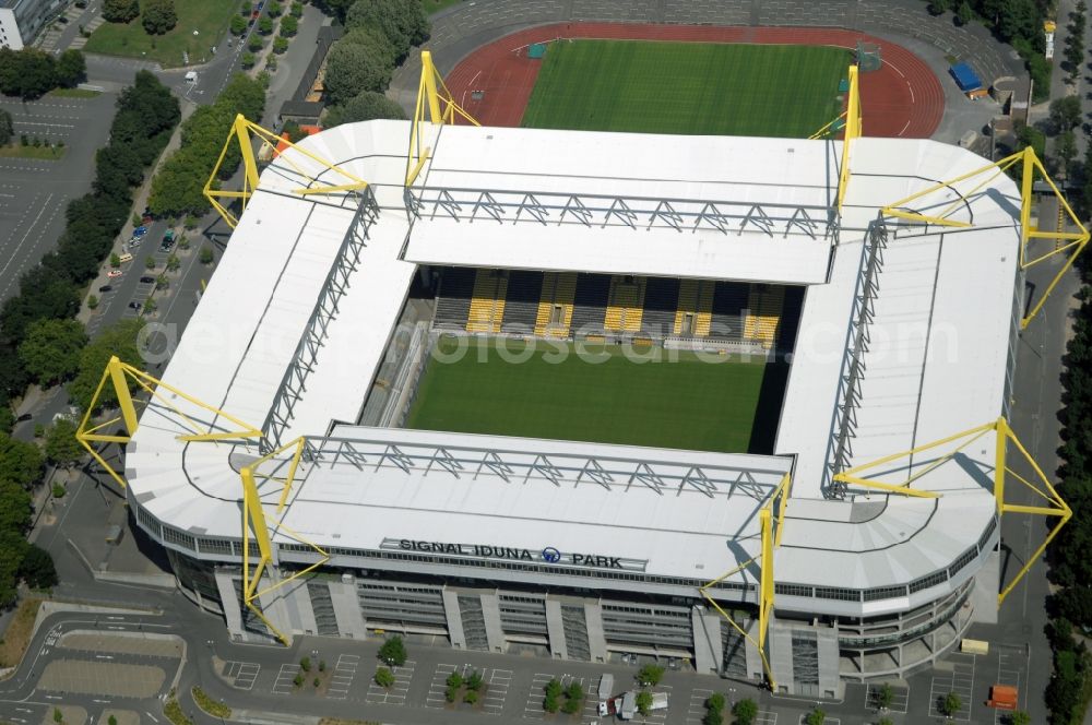 Dortmund from above - Sports facility grounds of the Arena stadium in Dortmund in the state North Rhine-Westphalia