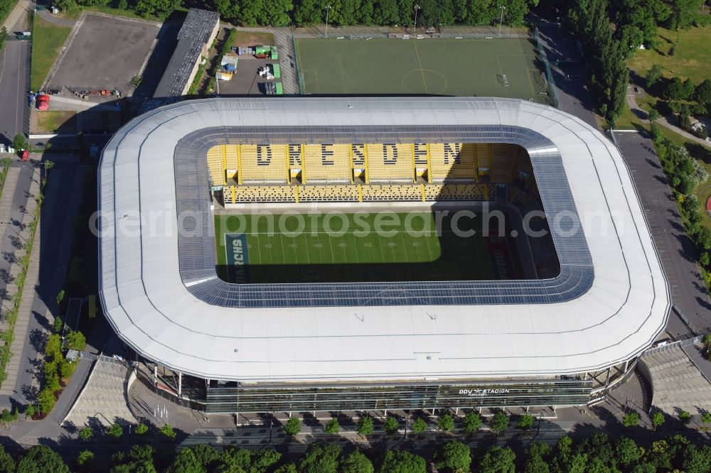 Dresden from above - Sports facility grounds of the Arena stadium DDV-Stadion in Dresden in the state Saxony