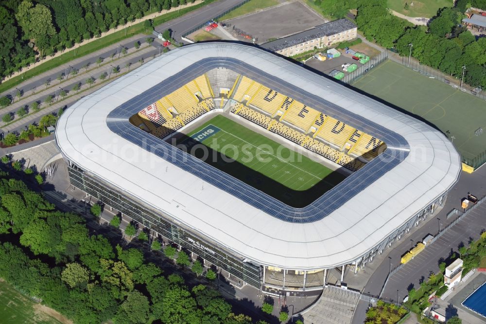 Dresden from the bird's eye view: Sports facility grounds of the Arena stadium DDV-Stadion in Dresden in the state Saxony