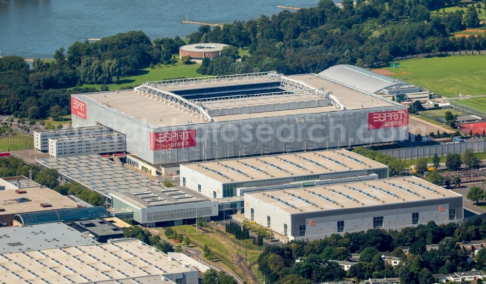 Düsseldorf from above - Sports facility grounds of the Arena stadium ESPRIT arena in Duesseldorf in the state North Rhine-Westphalia