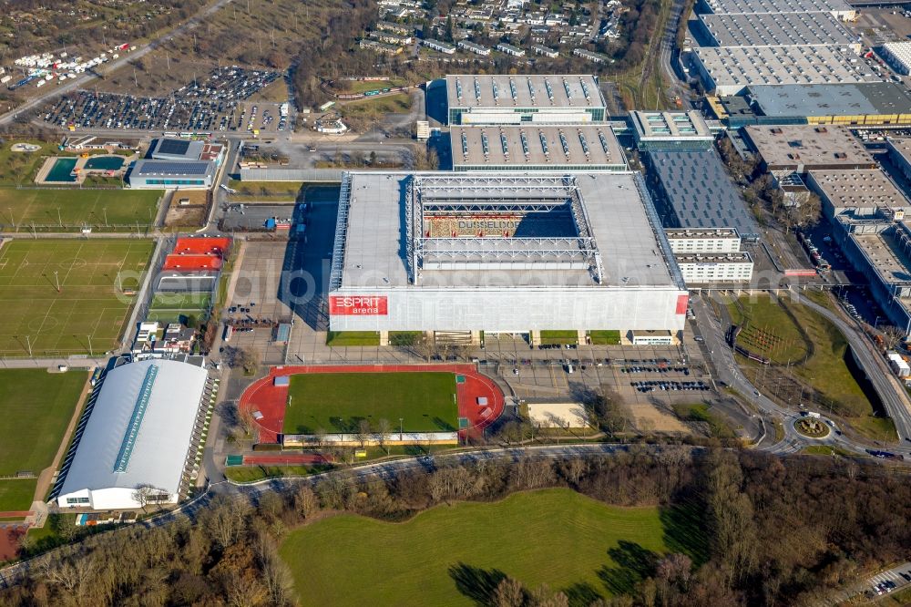 Aerial image Düsseldorf - Sports facility grounds of the Arena stadium ESPRIT arena in Duesseldorf in the state North Rhine-Westphalia