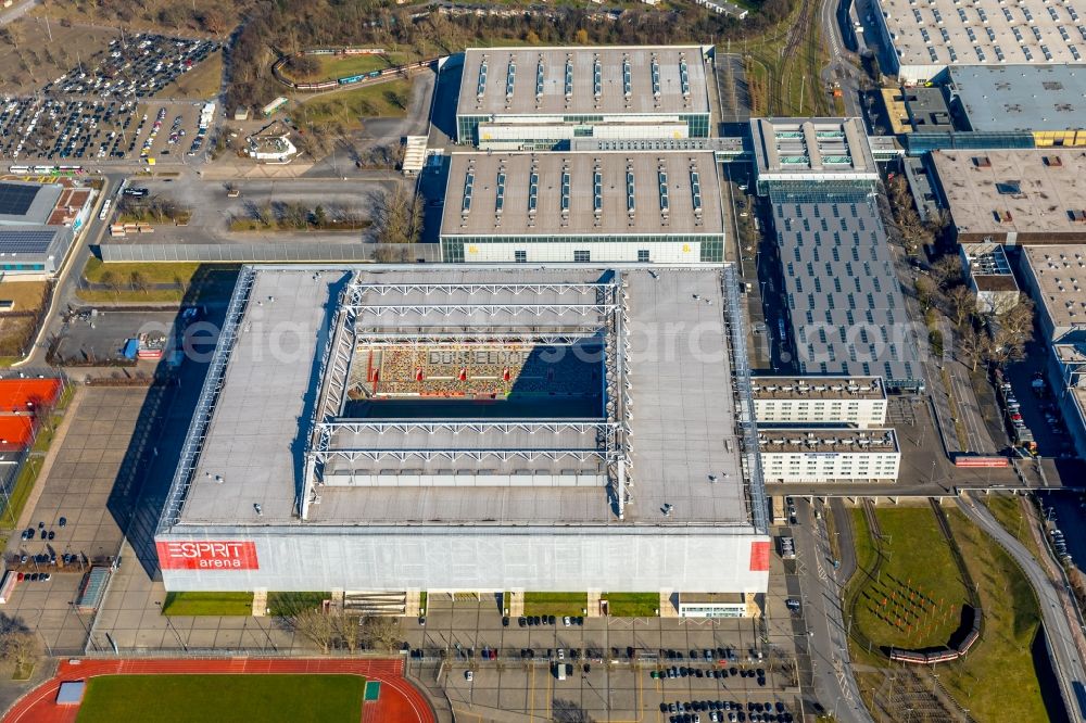 Düsseldorf from above - Sports facility grounds of the Arena stadium ESPRIT arena in Duesseldorf in the state North Rhine-Westphalia