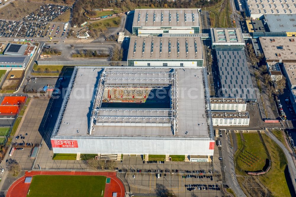 Düsseldorf from the bird's eye view: Sports facility grounds of the Arena stadium ESPRIT arena in Duesseldorf in the state North Rhine-Westphalia