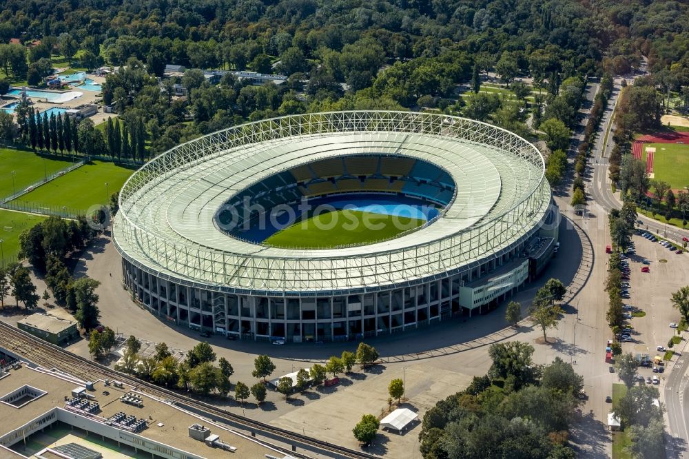 Wien from above - Sports facility grounds of the Arena stadium Ernst-Hampel-Stadion in Vienna in Austria