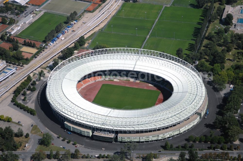 Wien from above - Sports facility grounds of the Arena stadium Ernst-Hampel-Stadion in Vienna in Austria