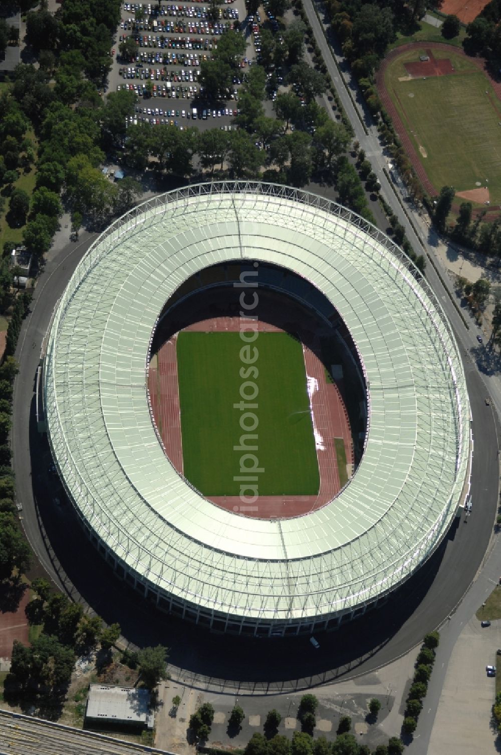 Wien from above - Sports facility grounds of the Arena stadium Ernst-Hampel-Stadion in Vienna in Austria