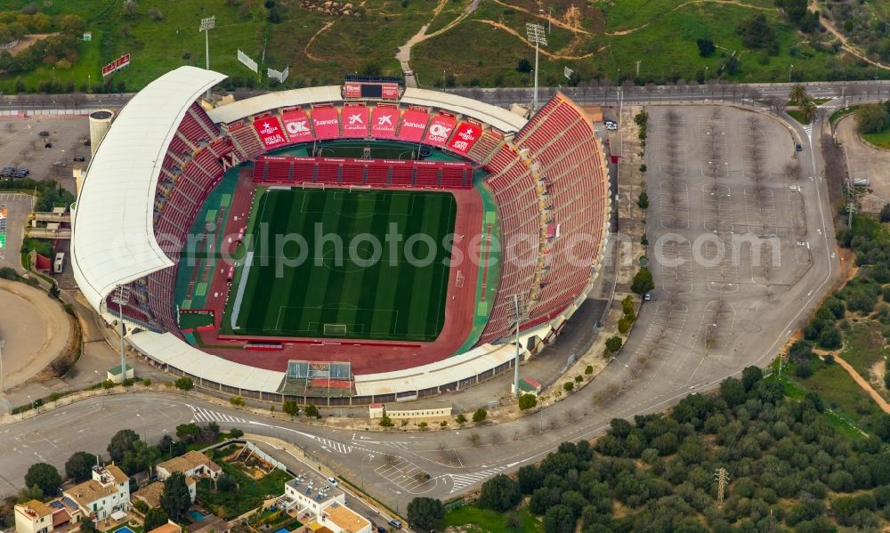 Palma from the bird's eye view: Sports facility grounds of the Arena stadium Estadi de Son Moix in the district Ponent in Palma in Balearische Insel Mallorca, Spain