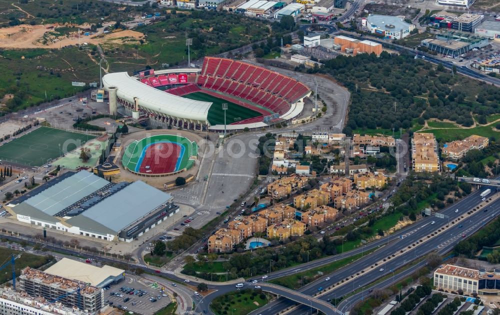 Aerial photograph Palma - Sports facility grounds of the Arena stadium Estadi de Son Moix in the district Ponent in Palma in Balearische Insel Mallorca, Spain