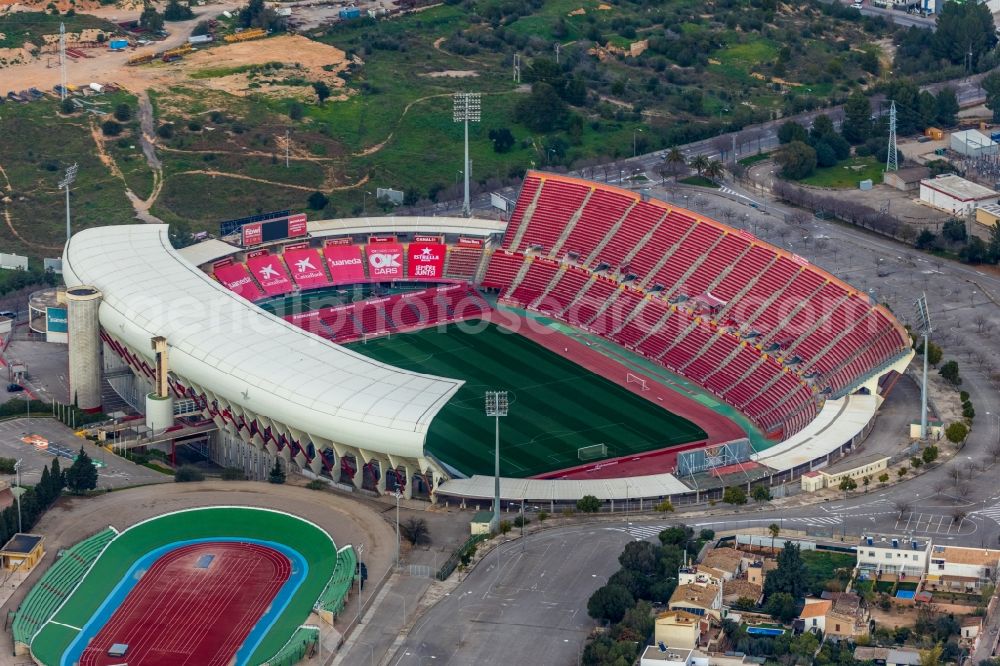 Palma from above - Sports facility grounds of the Arena stadium Estadi de Son Moix in the district Ponent in Palma in Balearische Insel Mallorca, Spain