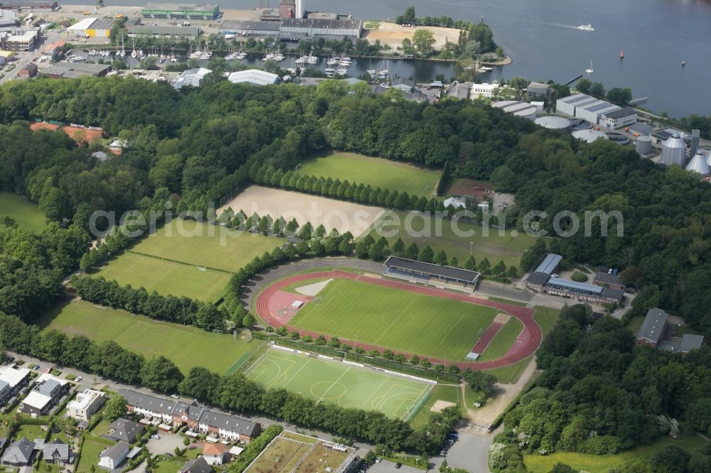 Flensburg from above - Sports facility grounds of the Arena stadium in Flensburg in the state Schleswig-Holstein