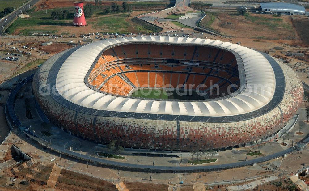 Johannesburg from the bird's eye view: Sports facility grounds of the Arena stadium FNB Stadium/Soccer on City Soccer City Ave in the district Nasrec in Johannesburg South in Gauteng, South Africa