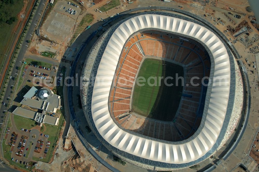 Aerial image Johannesburg - Sports facility grounds of the Arena stadium FNB Stadium/Soccer on City Soccer City Ave in the district Nasrec in Johannesburg South in Gauteng, South Africa