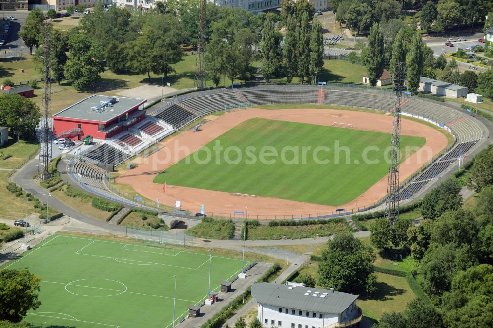 Frankfurt (Oder) from above - Sports facility grounds of the Arena Stadion in Frankfurt (Oder) in the state Brandenburg. This stadium is the home ground of the 1. FC Frankfurt (Oder) e.V