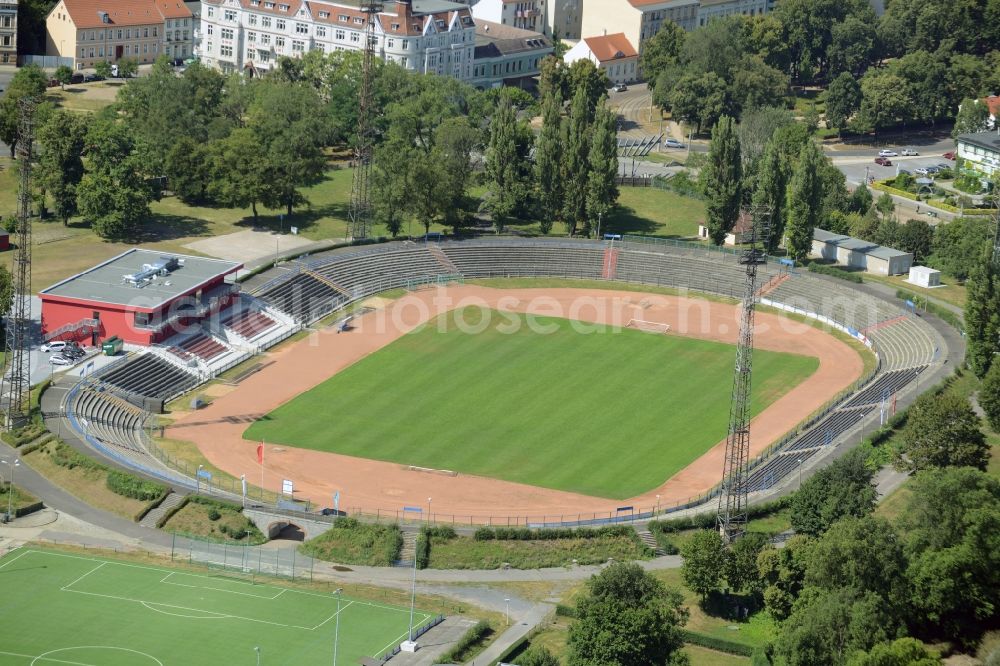 Frankfurt (Oder) from the bird's eye view: Sports facility grounds of the Arena Stadion in Frankfurt (Oder) in the state Brandenburg. This stadium is the home ground of the 1. FC Frankfurt (Oder) e.V