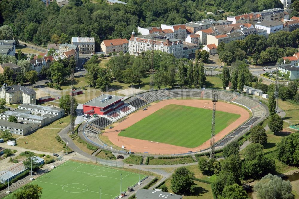 Aerial image Frankfurt (Oder) - Sports facility grounds of the Arena Stadion in Frankfurt (Oder) in the state Brandenburg. This stadium is the home ground of the 1. FC Frankfurt (Oder) e.V