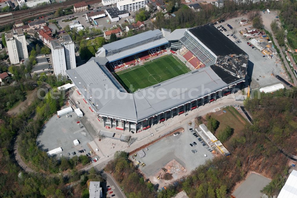 Kaiserslautern from the bird's eye view: Sports facility grounds of the Arena stadium Fritz-Walter-Stadion in destrict Betzenberg on Fritz-Walter-Strasse in Kaiserslautern in the state Rhineland-Palatinate, Germany