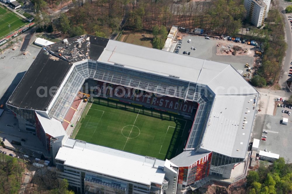 Kaiserslautern from the bird's eye view: Sports facility grounds of the Arena stadium Fritz-Walter-Stadion in destrict Betzenberg on Fritz-Walter-Strasse in Kaiserslautern in the state Rhineland-Palatinate, Germany