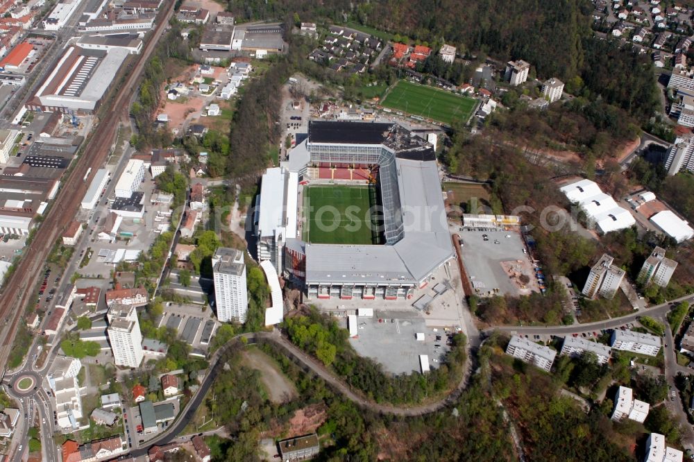 Kaiserslautern from the bird's eye view: Sports facility grounds of the Arena stadium Fritz-Walter-Stadion in destrict Betzenberg on Fritz-Walter-Strasse in Kaiserslautern in the state Rhineland-Palatinate, Germany