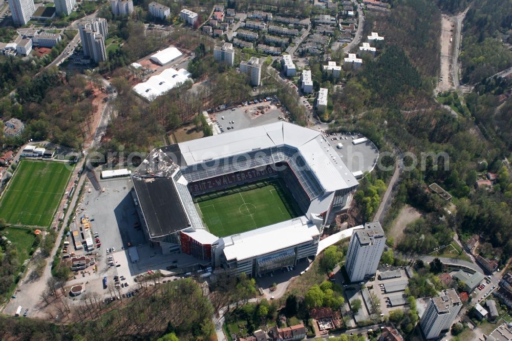 Kaiserslautern from the bird's eye view: Sports facility grounds of the Arena stadium Fritz-Walter-Stadion in destrict Betzenberg on Fritz-Walter-Strasse in Kaiserslautern in the state Rhineland-Palatinate, Germany