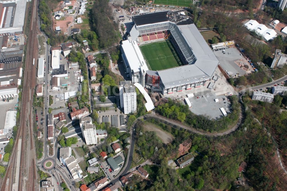 Kaiserslautern from the bird's eye view: Sports facility grounds of the Arena stadium Fritz-Walter-Stadion in destrict Betzenberg on Fritz-Walter-Strasse in Kaiserslautern in the state Rhineland-Palatinate, Germany