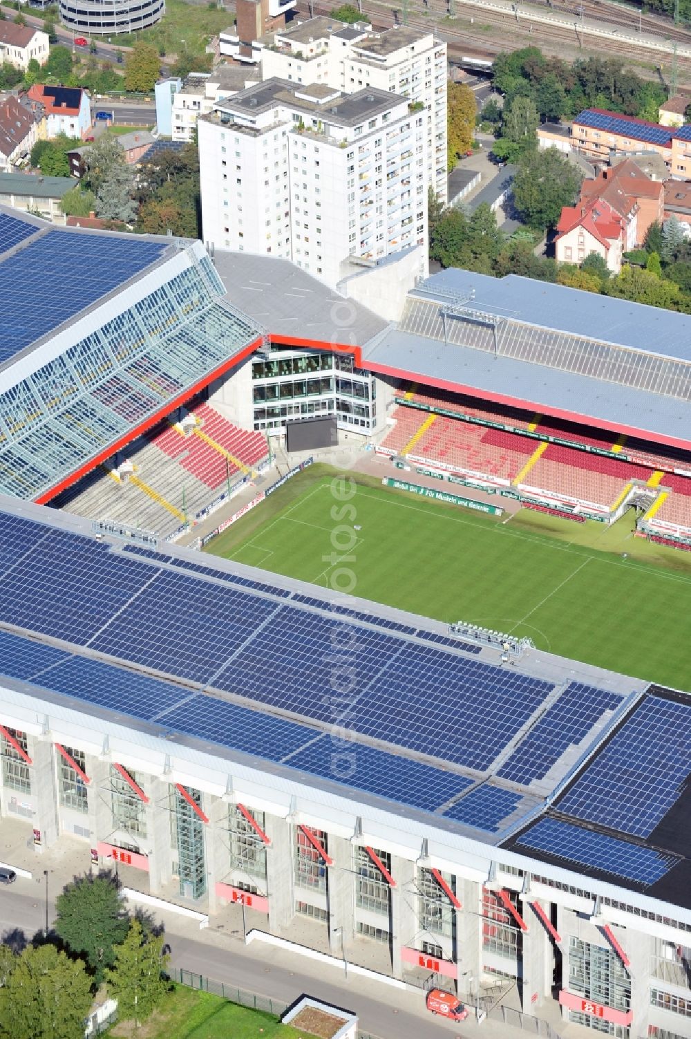 Kaiserslautern from above - Sports facility grounds of the Arena stadium Fritz-Walter-Stadion in destrict Betzenberg on Fritz-Walter-Strasse in Kaiserslautern in the state Rhineland-Palatinate, Germany