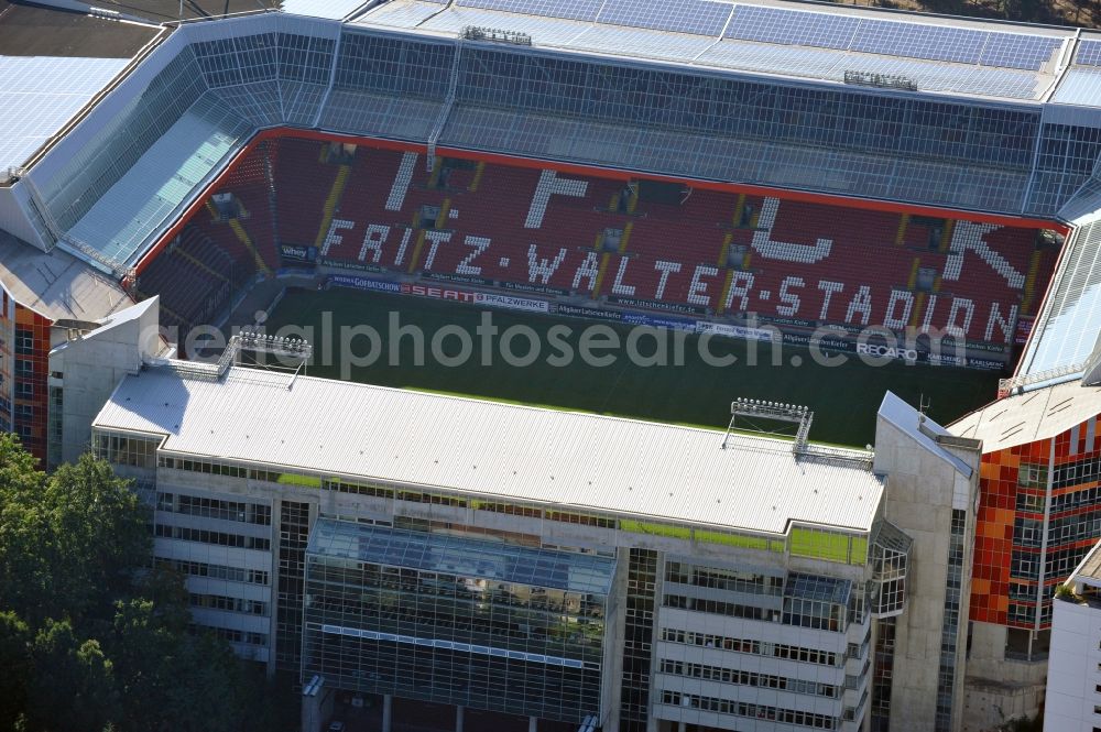 Kaiserslautern from the bird's eye view: Sports facility grounds of the Arena stadium Fritz-Walter-Stadion in destrict Betzenberg on Fritz-Walter-Strasse in Kaiserslautern in the state Rhineland-Palatinate, Germany