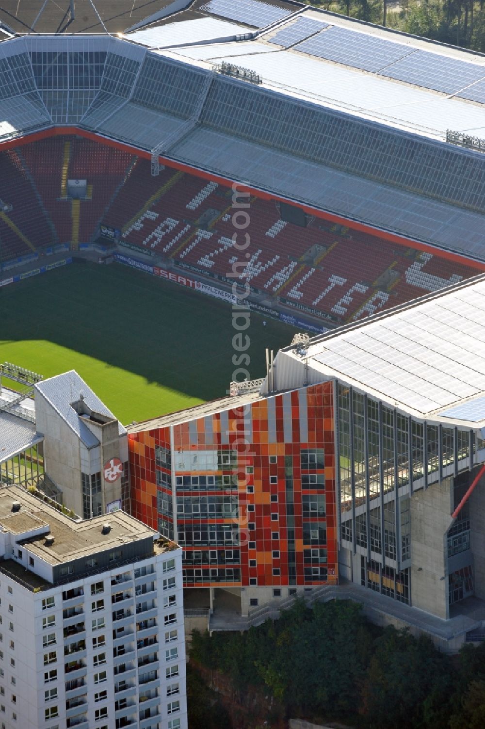 Kaiserslautern from above - Sports facility grounds of the Arena stadium Fritz-Walter-Stadion in destrict Betzenberg on Fritz-Walter-Strasse in Kaiserslautern in the state Rhineland-Palatinate, Germany