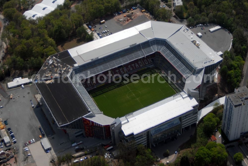 Kaiserslautern from the bird's eye view: Sports facility grounds of the Arena stadium Fritz-Walter-Stadion in destrict Betzenberg on Fritz-Walter-Strasse in Kaiserslautern in the state Rhineland-Palatinate, Germany