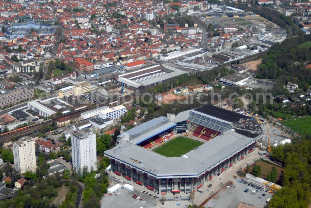 Kaiserslautern from the bird's eye view: Sports facility grounds of the Arena stadium Fritz-Walter-Stadion in destrict Betzenberg on Fritz-Walter-Strasse in Kaiserslautern in the state Rhineland-Palatinate, Germany