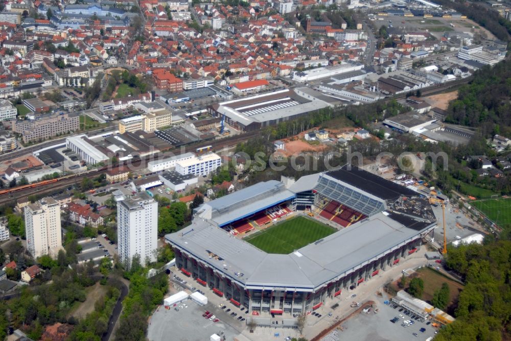 Aerial image Kaiserslautern - Sports facility grounds of the Arena stadium Fritz-Walter-Stadion in destrict Betzenberg on Fritz-Walter-Strasse in Kaiserslautern in the state Rhineland-Palatinate, Germany