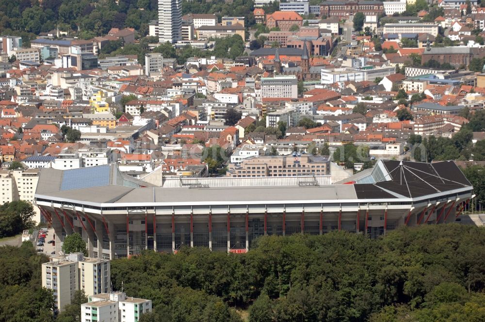 Kaiserslautern from the bird's eye view: Sports facility grounds of the Arena stadium Fritz-Walter-Stadion in destrict Betzenberg on Fritz-Walter-Strasse in Kaiserslautern in the state Rhineland-Palatinate, Germany