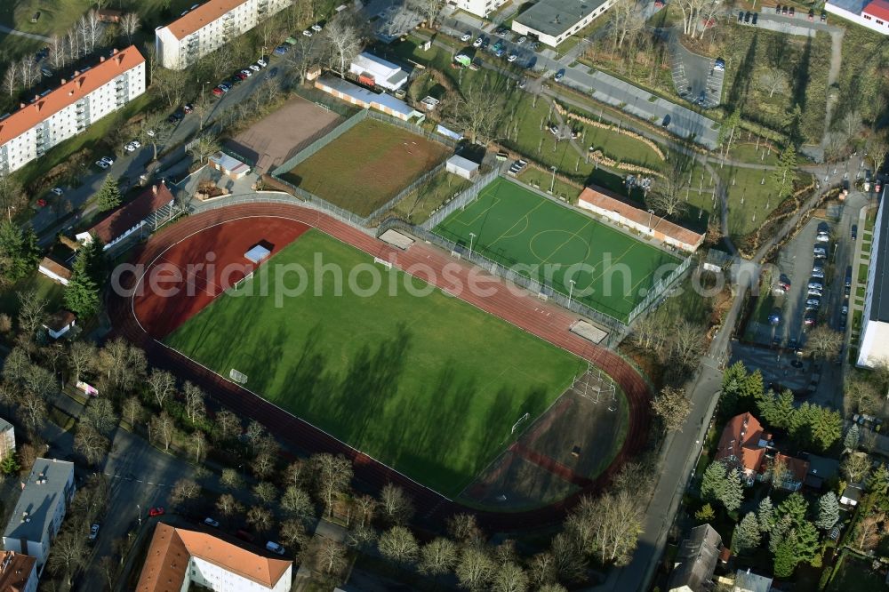 Fürstenwalde/Spree from the bird's eye view: Sports facility grounds of the Arena stadium Karl-Liebknecht-Strasse in Fuerstenwalde/Spree in the state Brandenburg