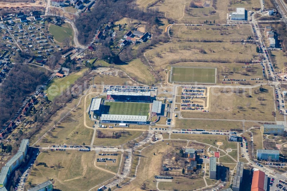 Zwickau from above - Sports facility grounds of the Arena stadium GGZ-Arena in Zwickau in the state Saxony, Germany