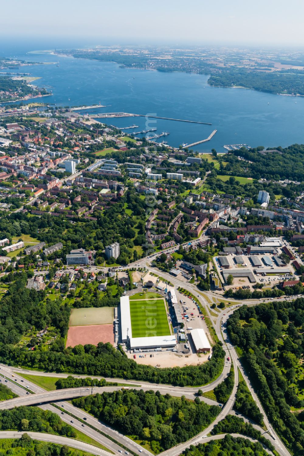 Kiel from the bird's eye view: Sports facility grounds of the Arena stadium Holstein-Stadion on Westring in the district Wik in Kiel in the state Schleswig-Holstein, Germany