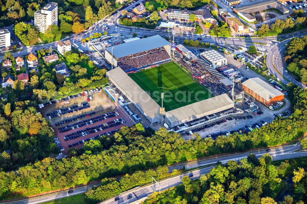 Kiel from above - Sports facility grounds of the Arena stadium Holstein-Stadion on Westring in the district Wik in Kiel in the state Schleswig-Holstein, Germany