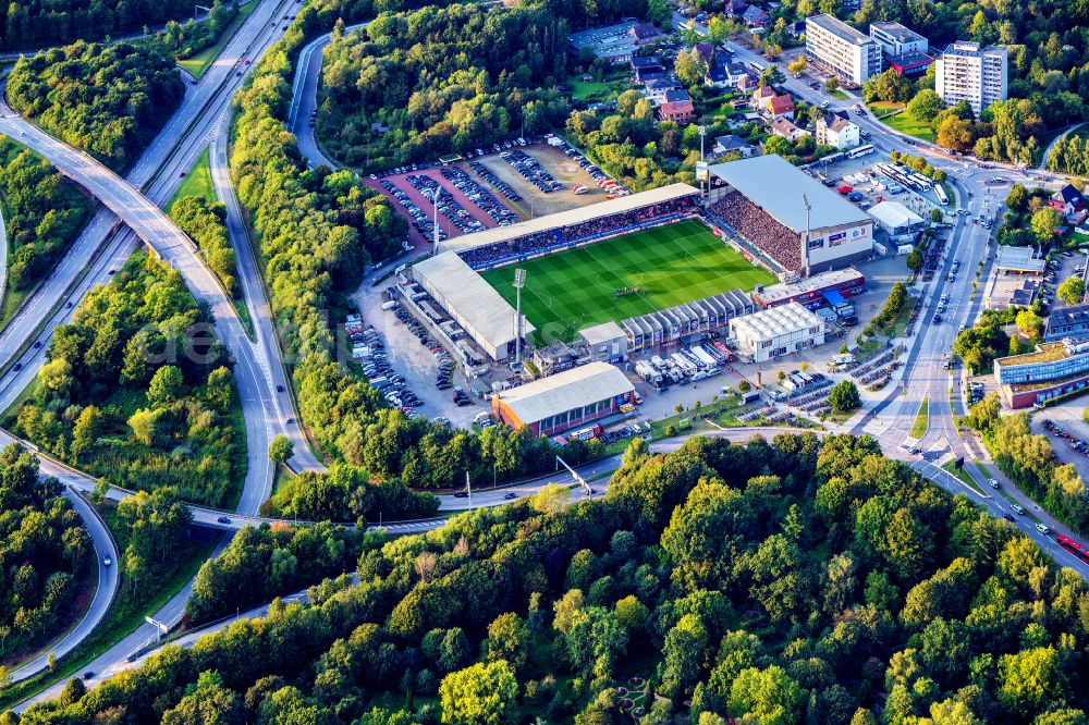 Aerial photograph Kiel - Sports facility grounds of the Arena stadium Holstein-Stadion on Westring in the district Wik in Kiel in the state Schleswig-Holstein, Germany