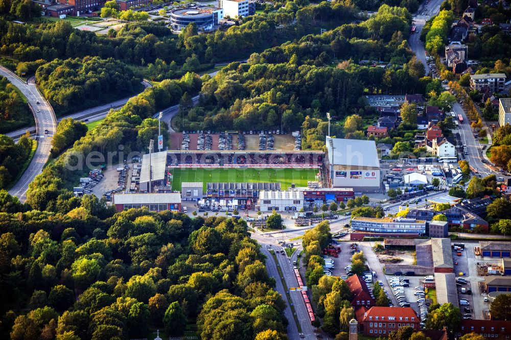 Kiel from above - Sports facility grounds of the Arena stadium Holstein-Stadion on Westring in the district Wik in Kiel in the state Schleswig-Holstein, Germany