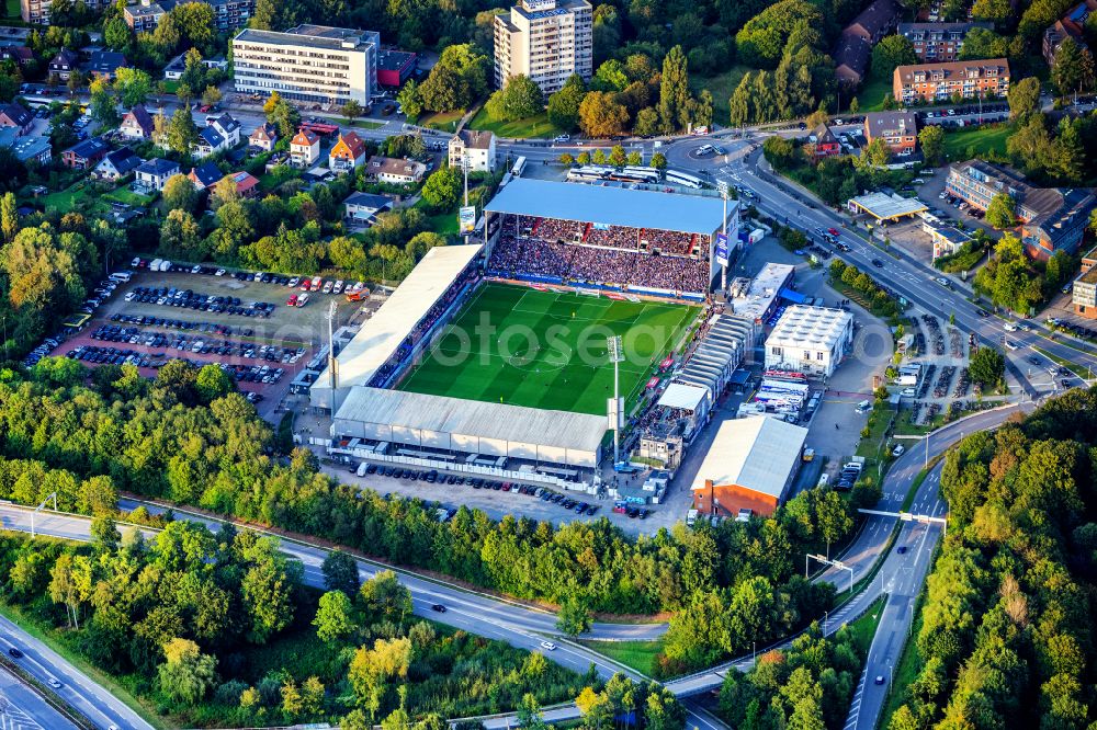 Aerial photograph Kiel - Sports facility grounds of the Arena stadium Holstein-Stadion on Westring in the district Wik in Kiel in the state Schleswig-Holstein, Germany