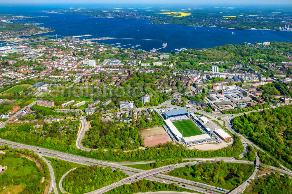 Aerial photograph Kiel - Sports facility grounds of the Arena stadium Holstein-Stadion on Westring in the district Wik in Kiel in the state Schleswig-Holstein, Germany