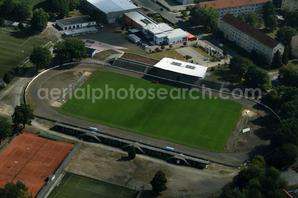 Aerial image Hoyerswerda - Sports facility grounds of the Arena stadium Sportclub Hoyerswerda e.V. on Liselotte-Herrmann-Strasse in Hoyerswerda in the state Saxony