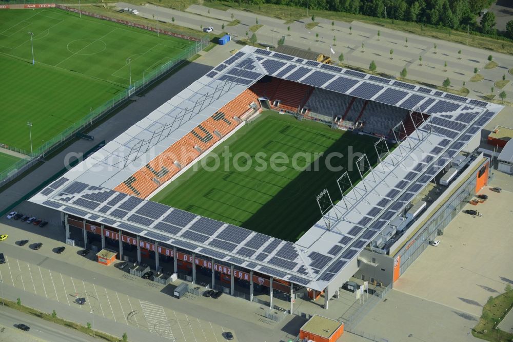 Aerial image Ingolstadt - Sports facility grounds of the Arena stadium Audi Sportpark in Ingolstadt in the state Bavaria. The stadium is the home ground of the FC Ingolstadt 04